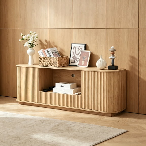 AUU 64" Natural Wood Wavy TV Stand with Rounded Sideboard, Vertical Stripe Storage Cabinet for Living Room Bedroom Entryway, 64"W x 15"D x 24"H