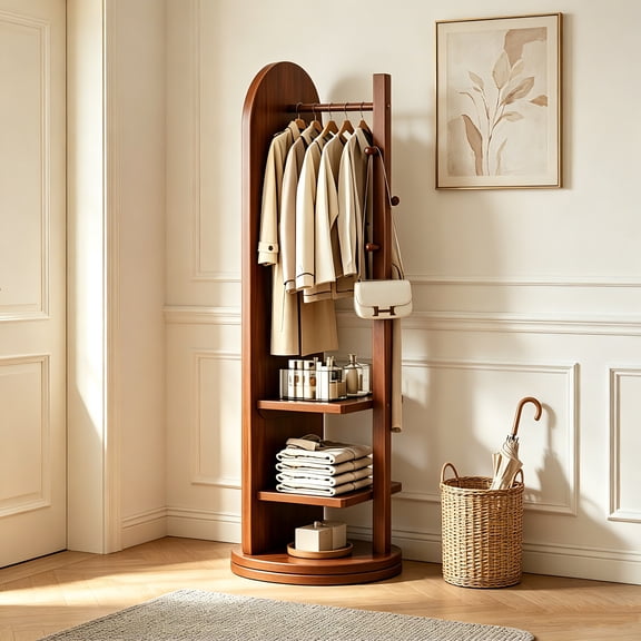 AUU 65" 360 Swivel Full Length Mirror with Coat Rack & Storage Shelves, Freestanding Arched Dressing Mirror for Entryway Living Room