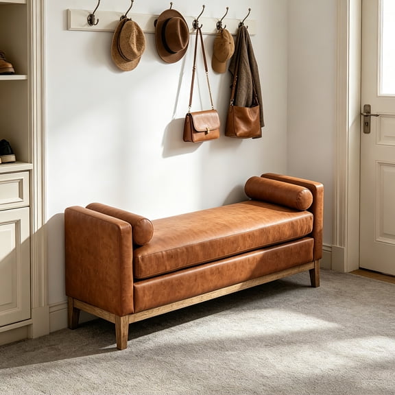 AUU 65.5" PU Upholstered End-of-Bed Bench with Weathered Wood Frame – Daybed-Style Footrest Ottoman with Arms, Wood Legs & 2 Bolsters for Living Room, Entryway, Hallway, or Window Seating