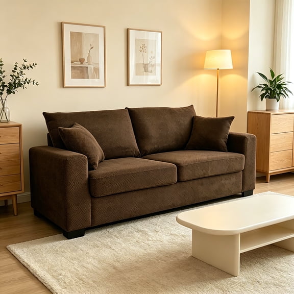 AUU 69-Inch Two-Seater Textured Fabric Sofa – Comfortable Upholstered Couch with 2 Throw Pillows & Sturdy Plastic Legs for Living Room, Apartment, or Office