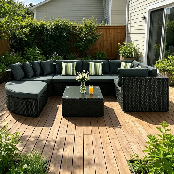 AUU 7-Piece Outdoor Wicker Sectional Sofa Set with Green Striped Pillows & Gray Cushions All-Weather Rattan Patio Conversation Seating for Garden, Deck, or Poolside, Black Wicker Frame