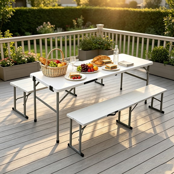 AUU 70" Portable Folding Picnic Table Set with 2 Benches, 3-Piece Indoor/Outdoor Furniture with Wood Grain Top for Camping, Backyard, Picnic & Wedding