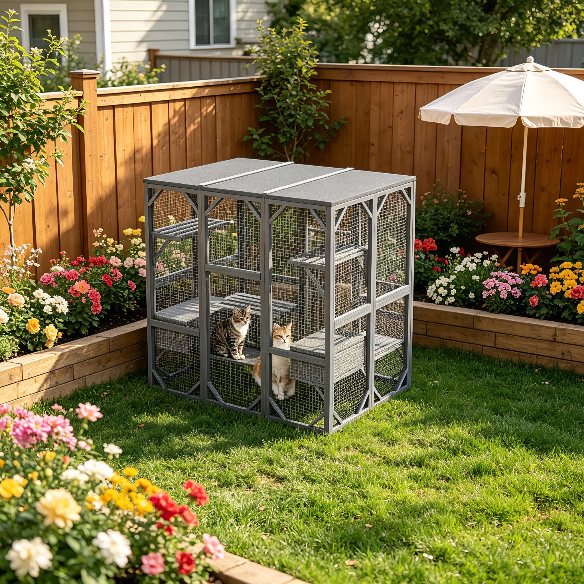 AUU 71" Large Outdoor 3-Tier Cat Enclosure for Multiple Cats, Waterproof Roof, 6 Platforms for Patio Yard Garden