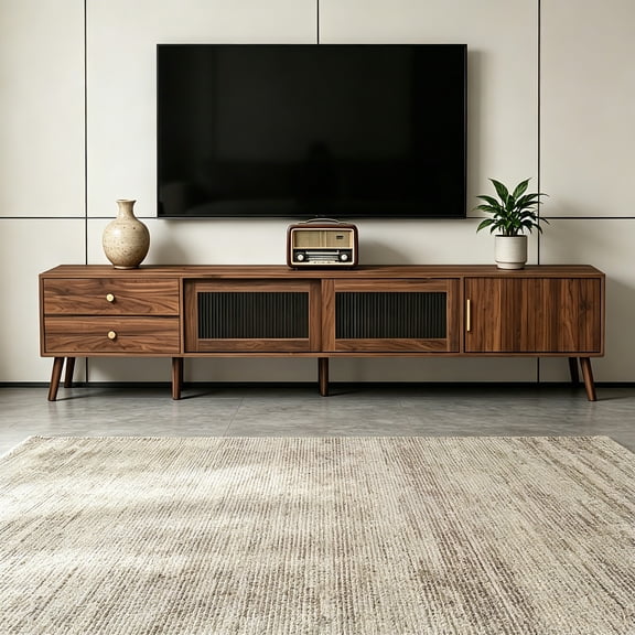 AUU 76" Modern TV Stand with Rattan Doors for TVs up to 85" – Wood-Grain Media Console with Storage Cabinets, Entertainment Center for Living Room or Bedroom