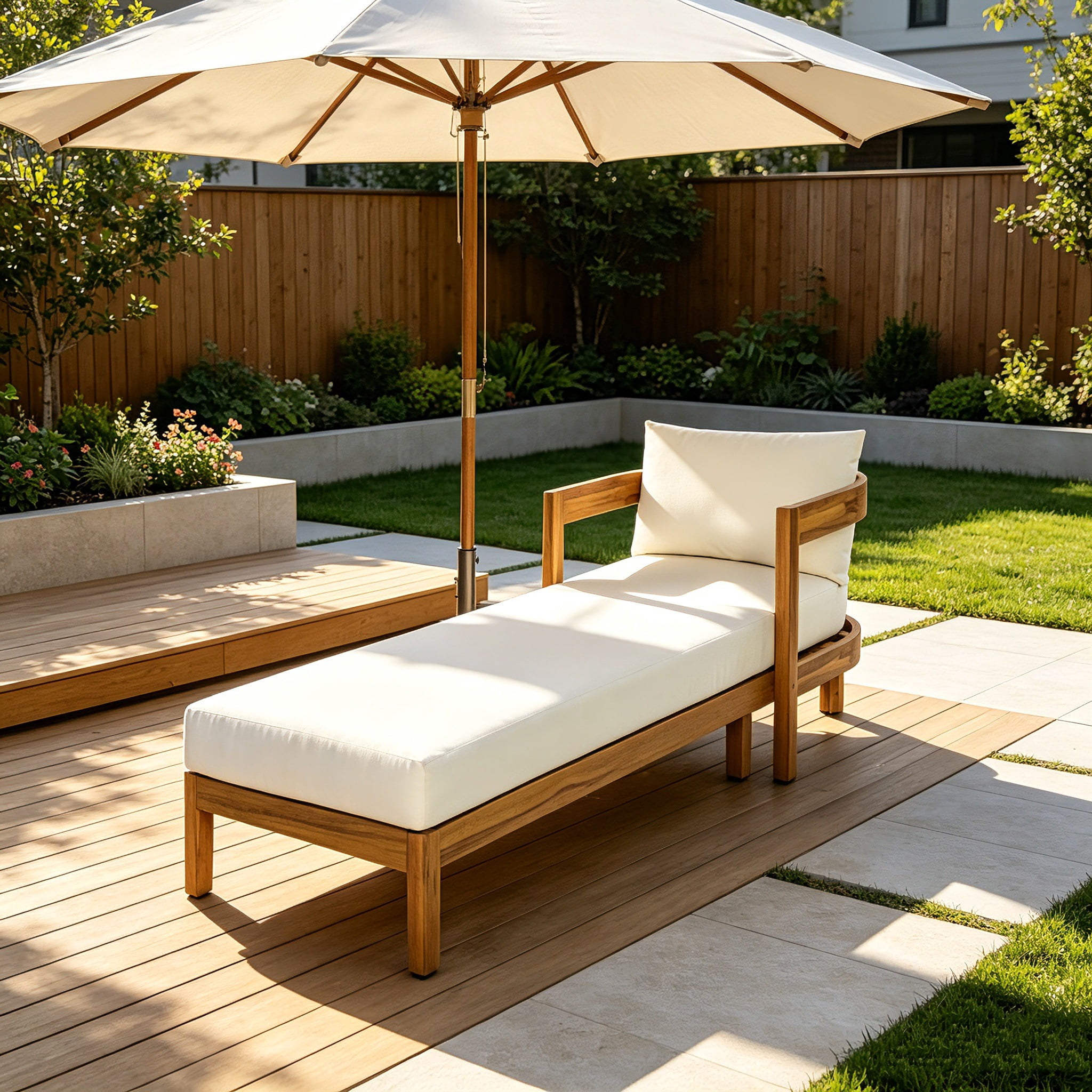 AUU 78" Acacia Wood Outdoor Chaise Lounge Chair with Curved Frame