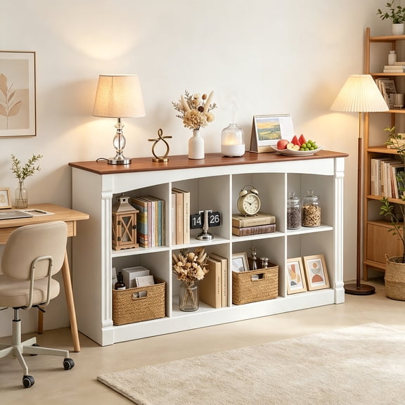 AUU 8-Cube Two-Tone Wood Storage Organizer with Decorative Moldings 2-Tier Open Cubby Display Shelf, Low Profile Bookcase Console Table for Living Room, Bedroom, or Office