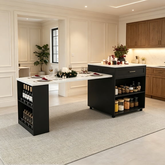 AUU 80" Expandable Walnut Finish Kitchen Island with Dining Table, Marble-Grain Countertop, Power Outlet, and Mobile Storage Cart with Cabinet & 2 Drawers