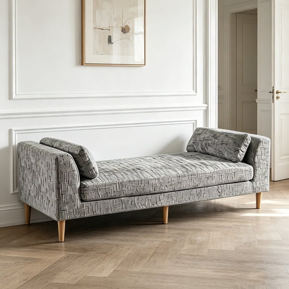 AUU 83.1" Wide Chenille Upholstered Storage-Free Bench with Armrests & 2 Bolster Pillows – Modern Daybed-Style Chaise Lounge with Rubberwood Legs for Living Room, Bedroom, Apartment, or Guest Room
