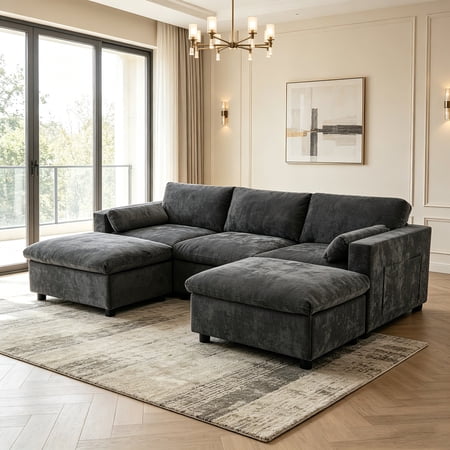 AUU 84.5-Inch Modular U-Shaped Chenille Sectional Sofa with Storage Pockets, 5-Seat Couch Set with Pillows and Movable Ottoman, Free Combination Cloud Sofa
