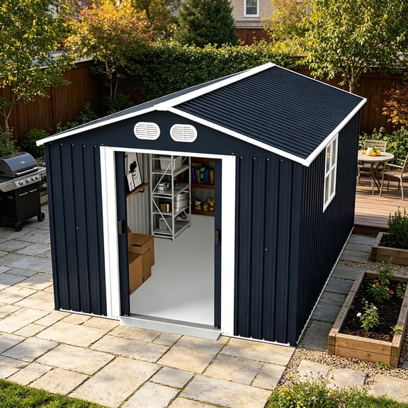 AUU 8x12 FT Dark Gray Heavy-Duty Metal Outdoor Storage Shed, Large Garden Tool Shed with Lockable Sliding Door and Reinforced Frame for Backyard Lawn