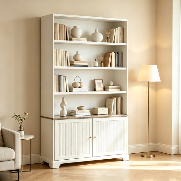 AUU 91.1" Tall Modern Bookcase Storage Cabinet with Faux Marble Top & Fluted Double Doors – 3 Open Display Shelves, Freestanding Bookshelf for Living Room, Office, or Study