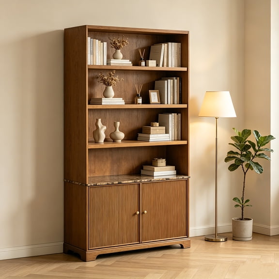 AUU 91.1" Tall Modern Bookcase Storage Cabinet with Faux Marble Top & Fluted Double Doors – 3 Open Display Shelves, Freestanding Bookshelf for Living Room, Office, or Study