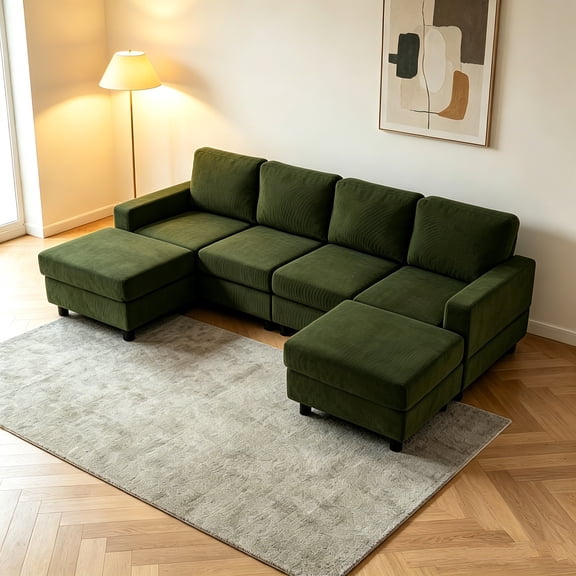 AUU 98.8-Inch Oversized Corduroy U-Shaped Modular Sectional – 4-Seat Double Chaise Sofa with Thick Padding & Sturdy Legs for Living Room or Family Room