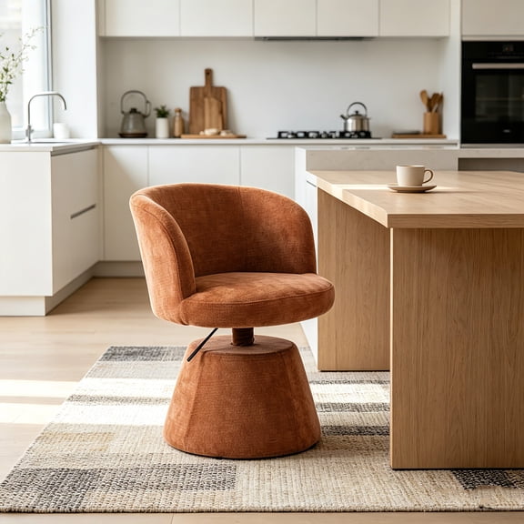 AUU Adjustable Height 360° Swivel Bar Stool, Modern Chenille Upholstered Round Dining Chair, Ergonomic Accent Vanity Chair for Bedroom, Kitchen Island or Pub, Single Pack, Cream