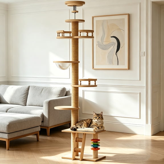 AUU Adjustable Height Floor-to-Ceiling Cat Tree with Sisal Scratching Post, Bubble Window Perch, Ladder & Rotating Toy Balls for Indoor Cats