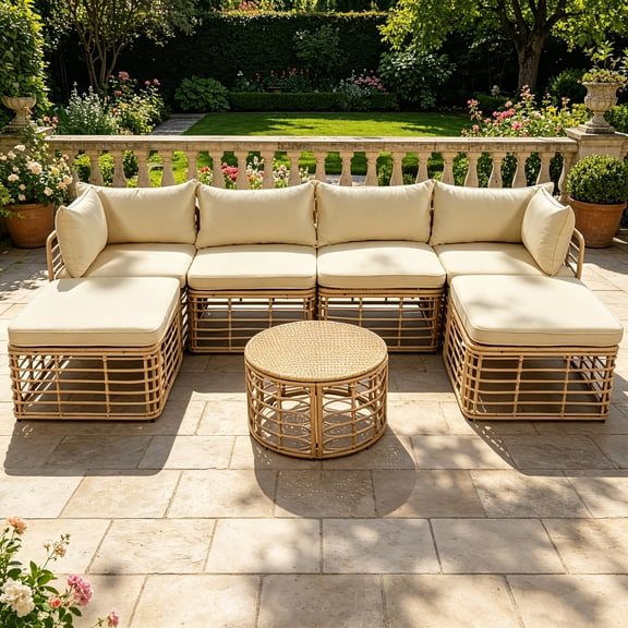 AUU All-Weather 7-Piece Rattan Sectional Patio Set with Thick Cushions & Pillows – Freely Configurable Conversation Furniture for Garden, Backyard, or Balcony