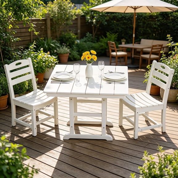AUU All-Weather White HDPE 3-Piece Outdoor Bistro Set 37.8-Inch Square Table and 2 Chairs for Patio, Deck, or Garden