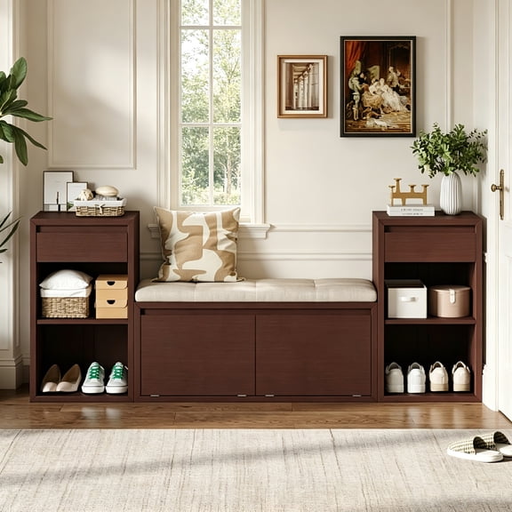 AUU All-in-One Entryway Storage Bench with Cushion, Compartments, Drawers and Open Shelves for Hallway, Mudroom or Living Room
