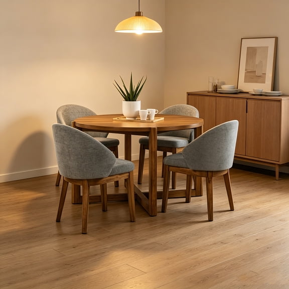 AUU Andreo Mid-Century Modern 5-Piece Round Dining Set  47" Walnut Table & 4 Light Gray Upholstered Chairs, Seats 4