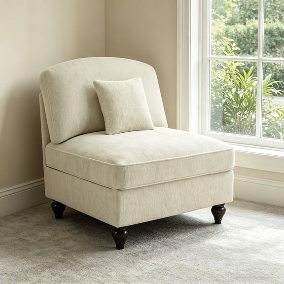 AUU Armless Chenille Sofa with 1 Pillow, Beige and White Upholstered Couch for Living Room