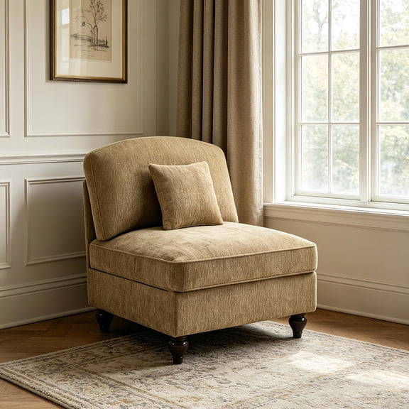 AUU Armless Chenille Sofa with 1 Pillow, Light Coffee Color Upholstered Couch for Living Room