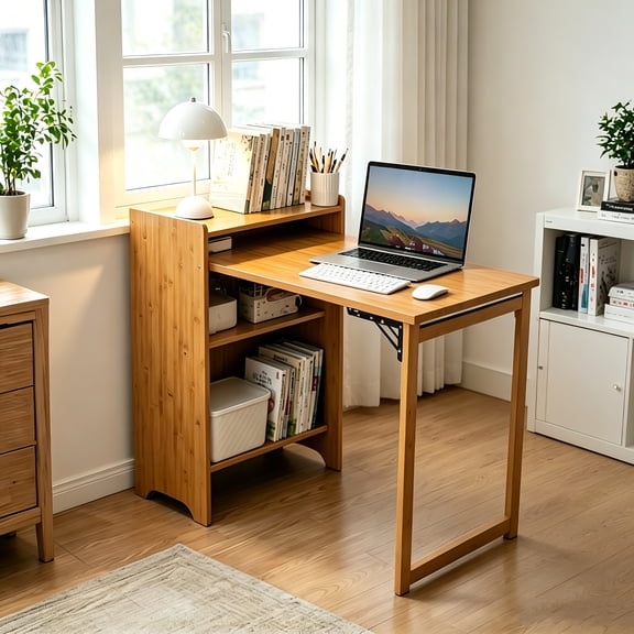 AUU Bamboo Folding Desk with Hidden Storage – Foldable Computer Table for Small Spaces, Mid-Century Modern for Home Office or Bedroom