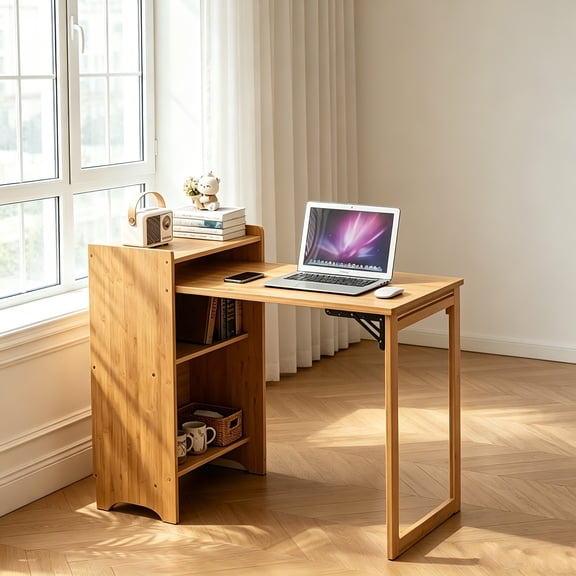 AUU Bamboo Folding Desk with Hidden Storage – Foldable Computer Table for Small Spaces, Mid-Century Modern for Home Office or Bedroom