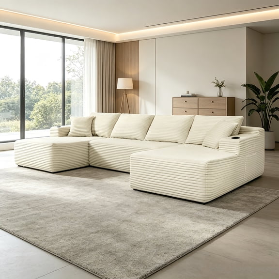AUU Beige 133" U-Shape Cloud Sectional Sofa with Chaise, Side Pockets & Cup Holders Modern Modular Deep-Seat Couch, No Assembly Required for Living Room or Bedroom