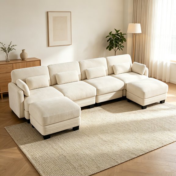 AUU Beige Channel Tufted Modern Minimalist 4-Seater U-Shape Modular Chenille Sectional Sofa 2 Movable Ottomans & Thick Cushions for Living Room, Apartment, or Lounge
