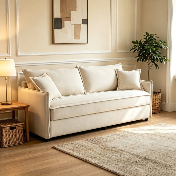 AUU Beige Chenille Full Size Pull-Out Sleeper Sofa Pocket Coil Seat, Removable Cushion Covers, Accent Pillow Included