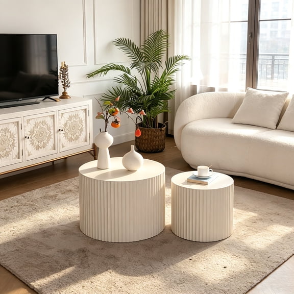 AUU Beige Nesting Coffee Table Set of 2, Modern Drum Wave Stripe Round Side End Table for Living Room