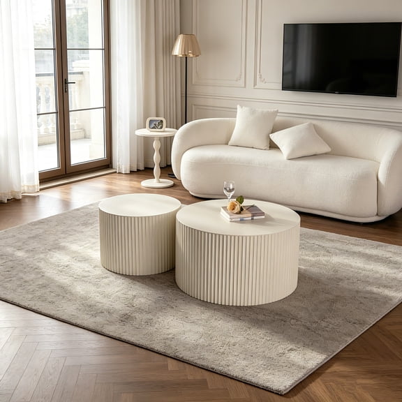 AUU Beige Nesting Coffee Table Set of 2, Modern Drum Wave Stripe Round Side End Table for Living Room