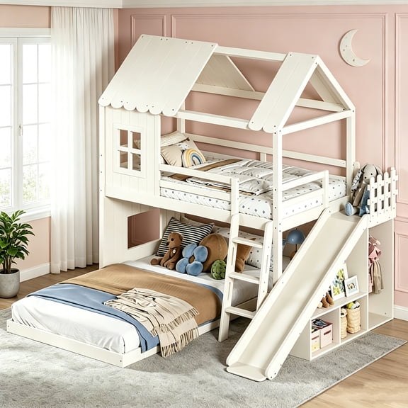 AUU Beige Twin Over Full House-Style Bunk Bed with Ladder and Slide Built-In Storage Shelves, Wardrobe, Playhouse Design