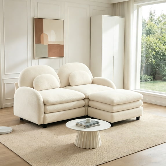 AUU Beige White Teddy Fabric Modular 2-Seater Loveseat Sofa with Movable Ottoman, Curved Backrest and Lumbar Pillows, Double-Layer Cushion Sectional Couch