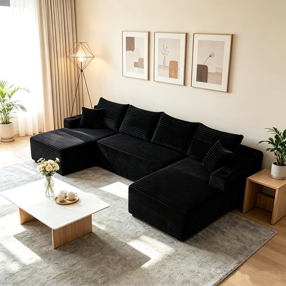 AUU Black 134" U-Shape Cloud Sectional Sofa with Chaise, Side Pockets & Cup Holders  No Assembly Required, Plush Deep-Seat Modular Couch for Living Room or Bedroom