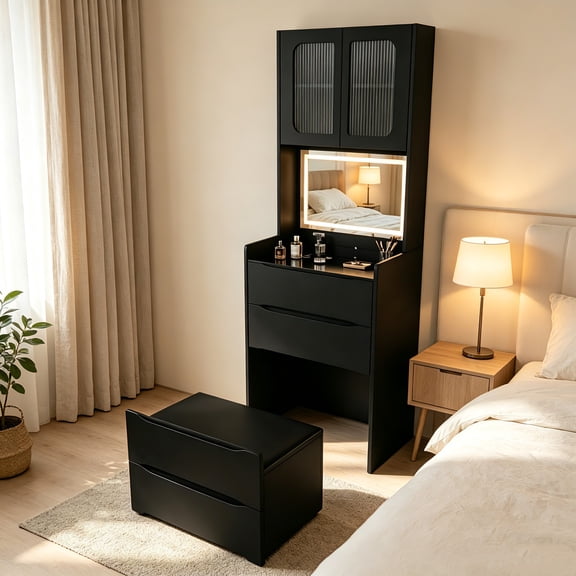 AUU Black 3-in-1 Vanity Set with LED Mirror & Storage Stool, Flip-Top Makeup Table with Adjustable Lights, 5 Storage Compartments for Bedroom