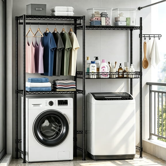 AUU Black 4-Tier Adjustable Over-Washer-Dryer Laundry Shelf  Heavy Duty Drying Rack with Wire Baskets & Rotating Side Hook, Space-Saving Organizer