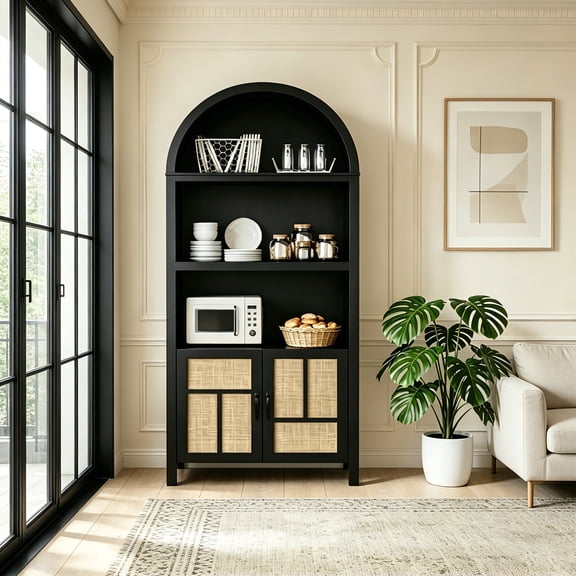 AUU Black Arched Rattan Tall Pantry Cabinet 70.2" Height with Adjustable Shelves for Kitchen Storage