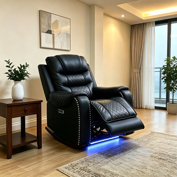 AUU Black Faux Leather Pub Back Rocker Recliner with Side Pocket Manual Recline Handle, Living Room Armchair