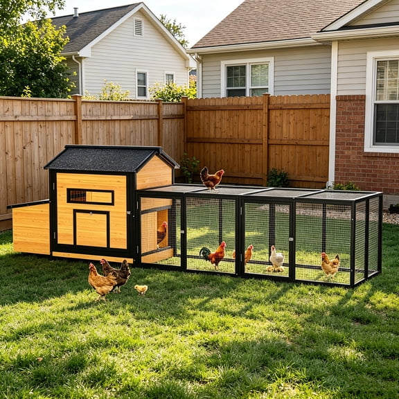 AUU Black & Gold 114" Wooden Chicken Coop with Outdoor Run Weatherproof Hen House with Lockable Nesting Box, Ramp & 19.6 ft Poultry Enclosure for 2-3 Hens