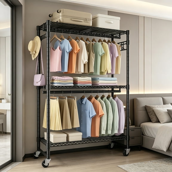 AUU Black Heavy Duty Rolling Garment Rack 3-Tier Adjustable Wire Shelves, 2 Clothes Rods & Side Hooks, Freestanding Metal Clothing Rack with Wheels