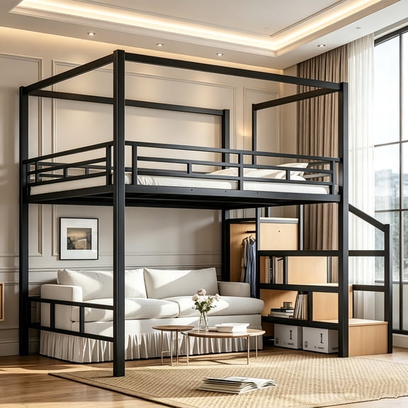 AUU Black Queen Size Metal Loft Bed with Storage Staircase, Wardrobe, and Canopy Frame  Spacious Underbed Area Design for Maximizing Floor Space