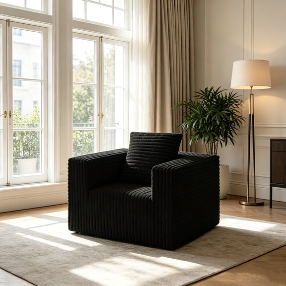 AUU Black Small Boneless Sofa Chair  No Assembly Couch in a Box, Memory Foam Mini Cloud Reading Chair with Throw Pillow for Living Room or Bedroom (32"W x 32"D x 21"H)