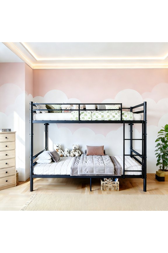 AUU Black Sturdy Twin-Over-Twin Metal Bunk Bed with Ladder, Safety Lattice Guardrail, Space-Optimizing Vertical Design  Wear-Resistant Powder-Coated Frame, No Box Spring Needed