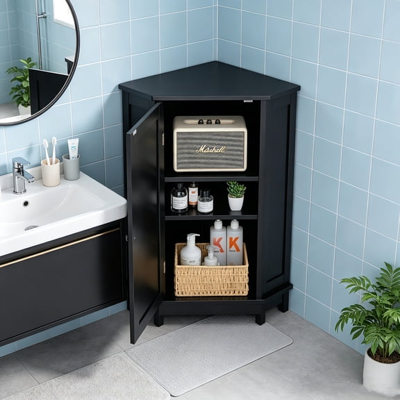 AUU Black Triangle Corner Bathroom Storage Cabinet with Adjustable Shelf  Modern MDF Wall-Mounted Organizer for Compact Spaces