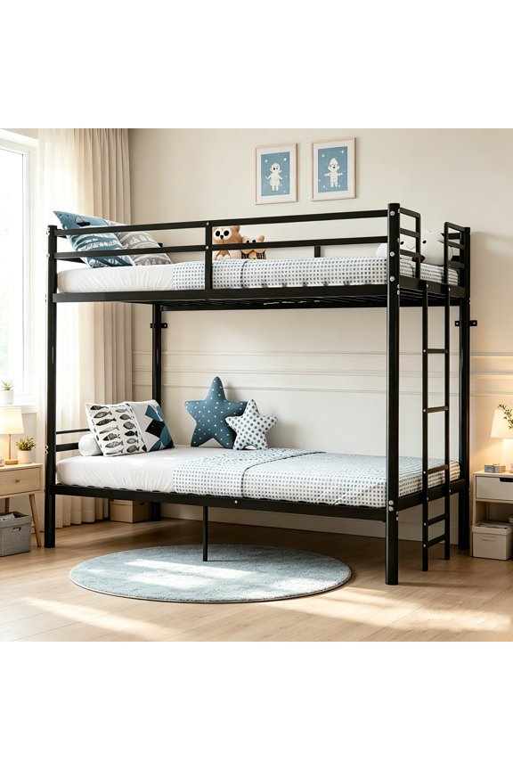 AUU Black Twin-Over-Twin Convertible Metal Bunk Bed with Ladder, High Guardrails & Under-Bed Storage  Sturdy Split-Design Iron Frame, No Box Spring Needed for Bedroom, Dorm, or Guest Room