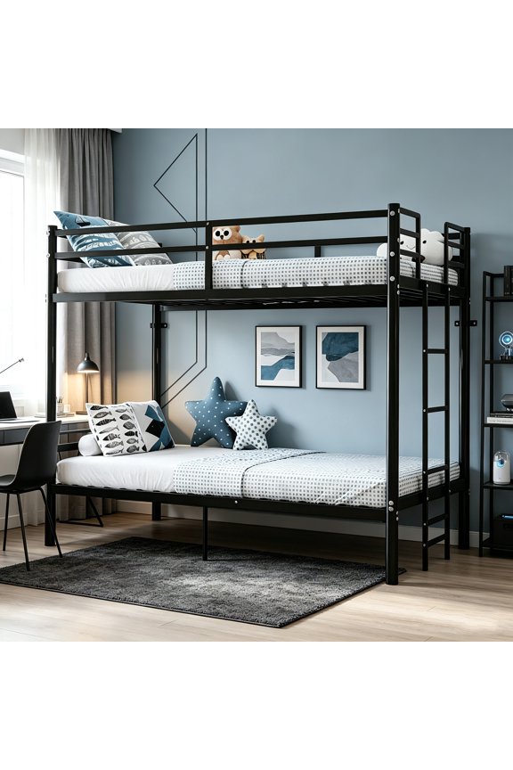AUU Black Twin-Over-Twin Convertible Metal Bunk Bed with Storage, Ladder & High Guardrails  Split-Design Iron Frame, No Box Spring Needed for Bedroom, Dorm, or Guest Room