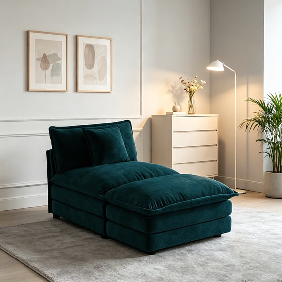 AUU Blue Modular Sectional Sofa 1 Armless Seat & Ottoman with Chenille Upholstery, Solid Wood Frame, Flexible Modular Couch Set for Living Room, Home Theater, or Office