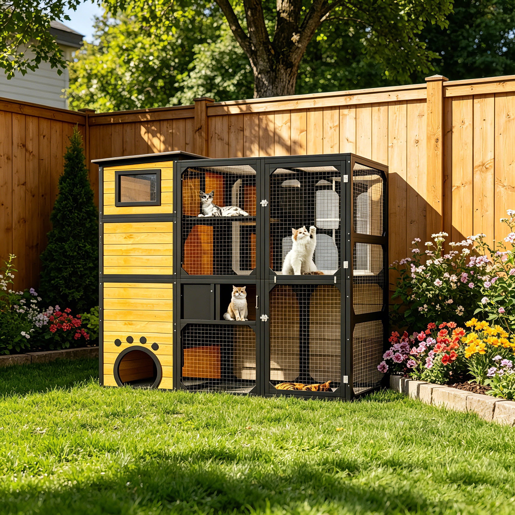 AUU Brown 4-Tier Outdoor Catio Enclosure, Weatherproof Cat House Attaches to Window, Multiple Cats with Platforms & Resting Rooms