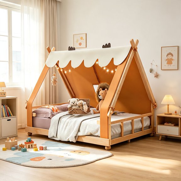 AUU Brown Full Size Cabin-Themed Wooden Platform Bed with Detachable Tent, Skylight & Deer Antler Accents Foldable Canopy, 600 lb Capacity, No Box Spring Needed for Bedroom or Guest Room